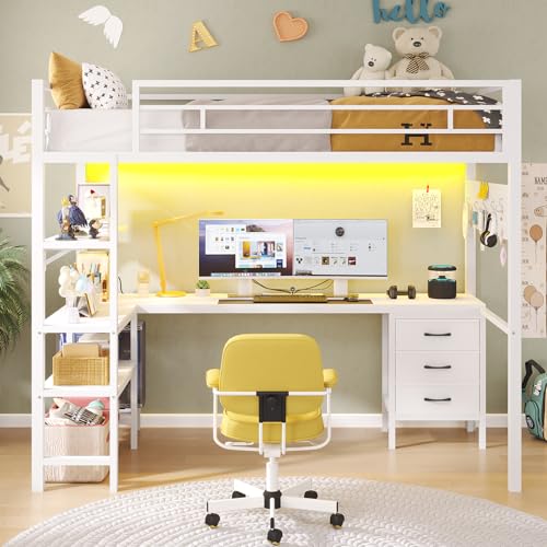 ADORNEVE Twin Size Metal Loft Bed with L-Shaped Desk, LED Lights, Charging Station S614727
