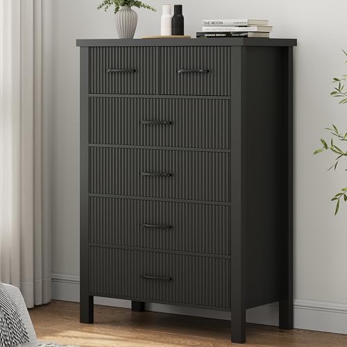 Fluted 6 Drawers Dresser for Bedroom, Tall Boho Chest with Metal Handle, Natural Oak S427