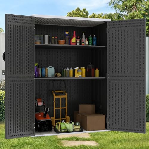 GOOBED Vertical Outdoor Storage Shed, 59 cu ft Lockable Waterproof Tool Organizer, Brown L70366