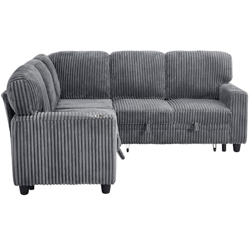 L-Shaped Pull Out Sleep Sofabed with Storage Chaise, Chenille Upholstered X30892