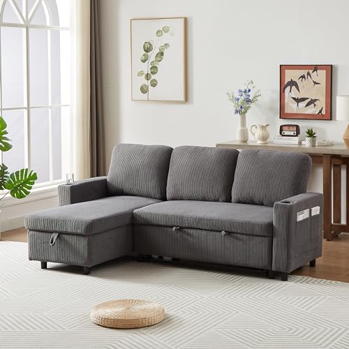 L-Shaped Pull Out Sleep Sofabed with Storage Chaise, Chenille Upholstered X30892