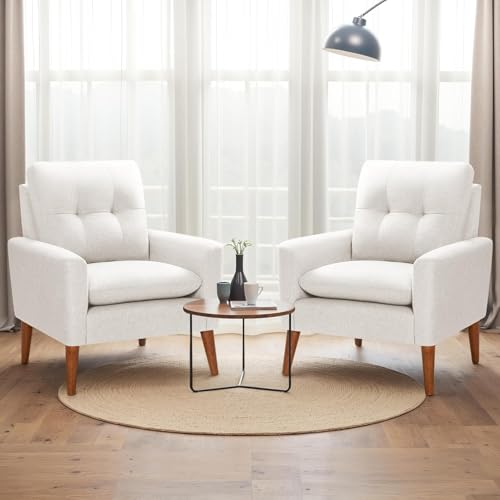 JUMMICO Mid Century Accent Chair with Wood Legs, Pearl White, Set of 2 W90764