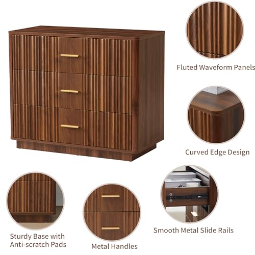 Fluted 5 Drawers Dresser for Bedroom, Wooden Tall Storage, Walnut L1075