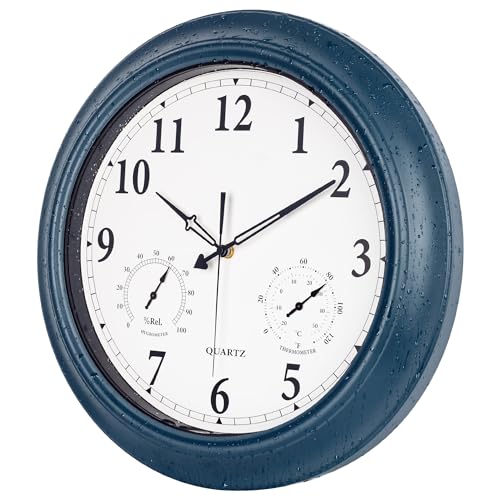 Outdoor Clock Waterproof 18 in with Thermometer Hygrometer Silent Vintage Wall Clock Navy Blue Y83330