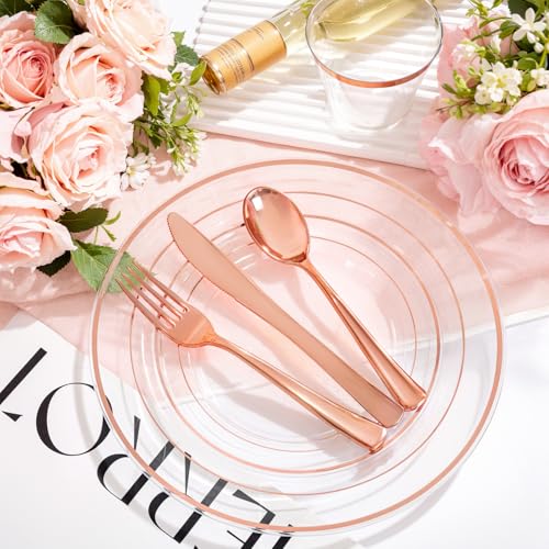 bUCLA 300PCS Gold Disposable Dinnerware Set - White and Gold Plastic Plates for Party S185
