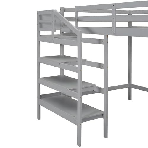 Harper & Bright Designs Full Loft Bed with Staircase and Storage Wardrobe, Gray G6357