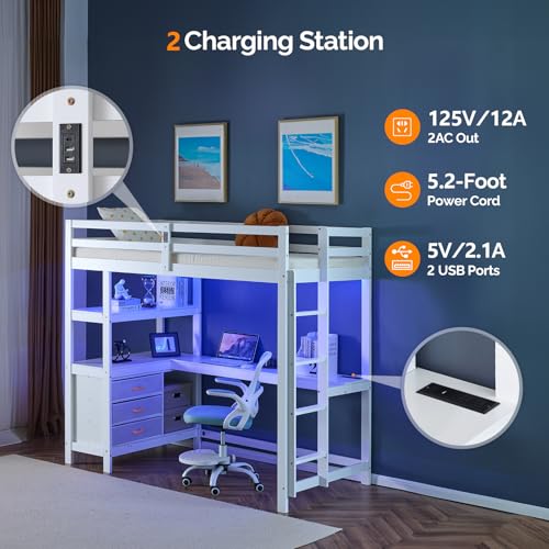 VINGLI Twin Loft Bed with L-Shaped Desk, 3 Storage Drawers, Solid Wood, White W24917