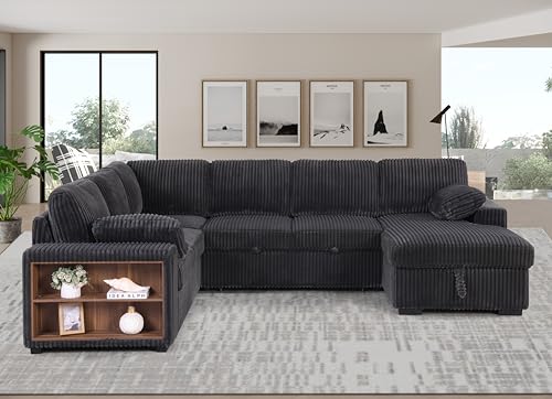 L-Shaped Pull Out Sleep Sofabed with Storage Chaise, Chenille Upholstered X30892