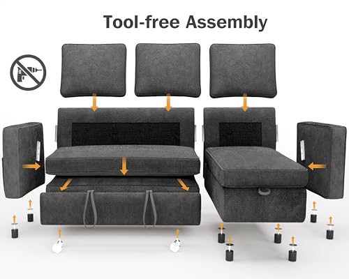 81" L Shaped Sleeper Sofa Bed with Pull Out Chaise, Chenille Grey L3419
