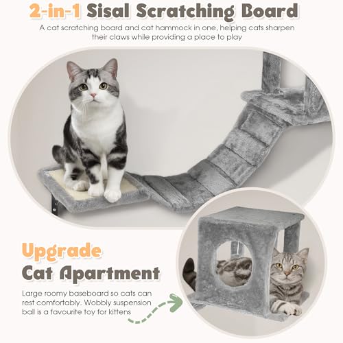 NUNU LAB Wall Mounted Cat Furniture Set 7 Pcs with Scratching Post - Light Gray P6315