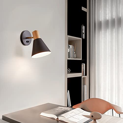 Plug in Wall Sconce, Dimmable Wood Style Reading Lamp, Black O467