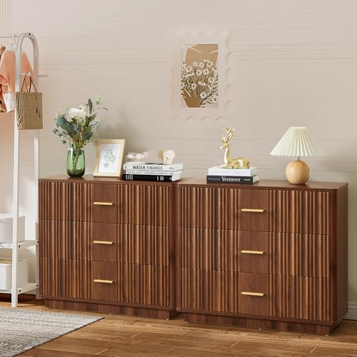 Fluted 5 Drawers Dresser for Bedroom, Wooden Tall Storage, Walnut L1075