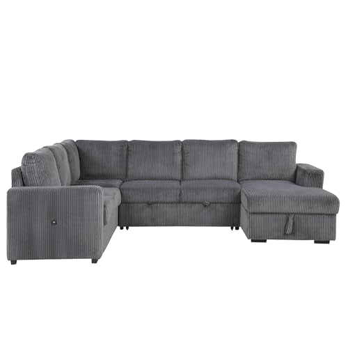 L-Shaped Pull Out Sleep Sofabed with Storage Chaise, Chenille Upholstered X30892