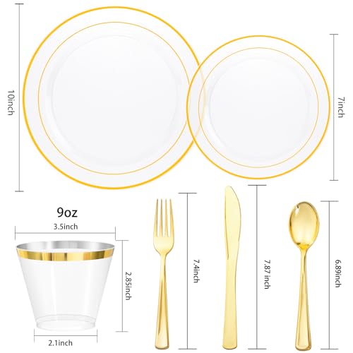 bUCLA 300PCS Gold Disposable Dinnerware Set - White and Gold Plastic Plates for Party S185