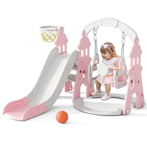 67i Toddler Swing and Slide Set Toddler Slide Indoor 5 in 1 Baby Kids Slide for Toddlers Age 1-3 Playset Slide and Swing Set with Basketball Frame and Ball Indoor Outdoor Slide Playground (Pink)