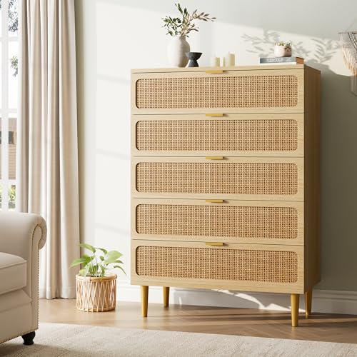 Rattan 5 Drawer Tall Dresser for Bedroom, Black V99880