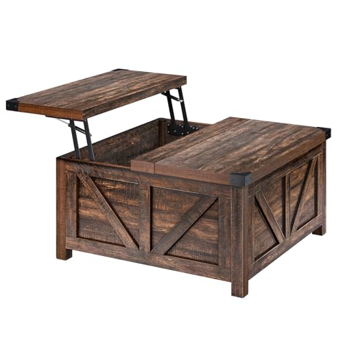 Farmhouse Lift Top Coffee Table with Storage and Charging Station, Brown J61149