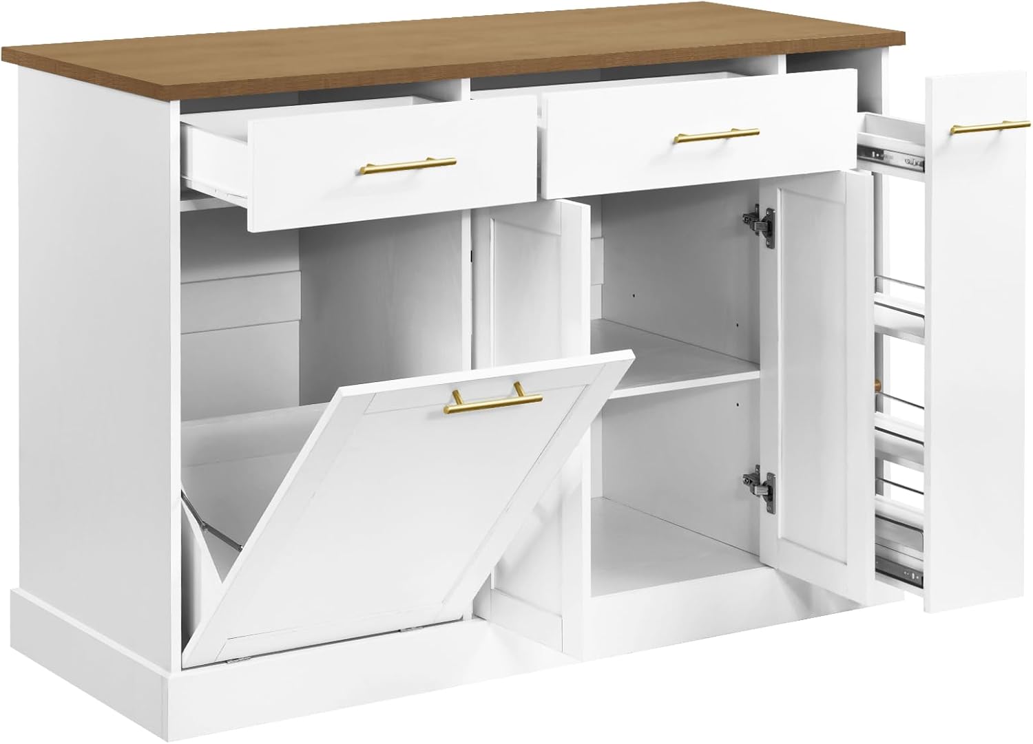 4 EVER WINNER Rolling Kitchen Island with Spice Rack and Trash Cabinet, White G453