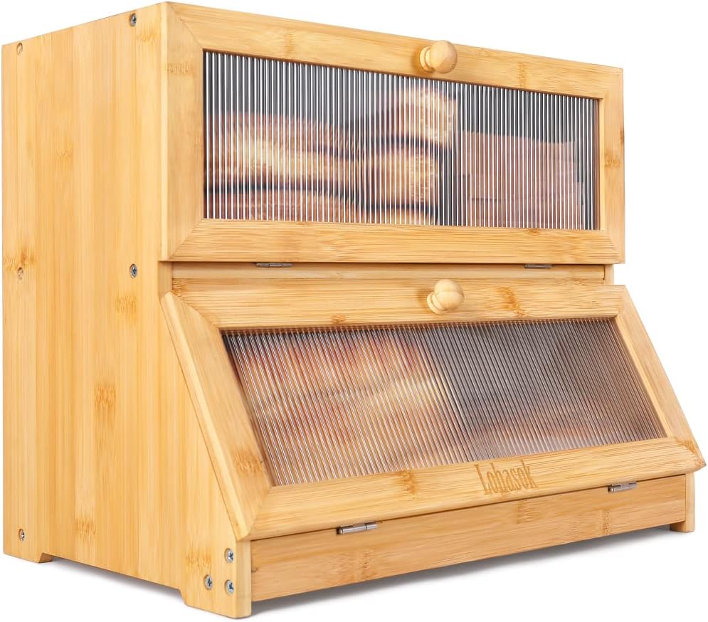Double Layer Bamboo Bread Box for Kitchen Counter-Large Capacity Bread Storage Container Farmhouse Bread Box with Window Bread Holder