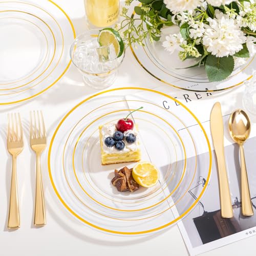 bUCLA 300PCS Gold Disposable Dinnerware Set - White and Gold Plastic Plates for Party S185