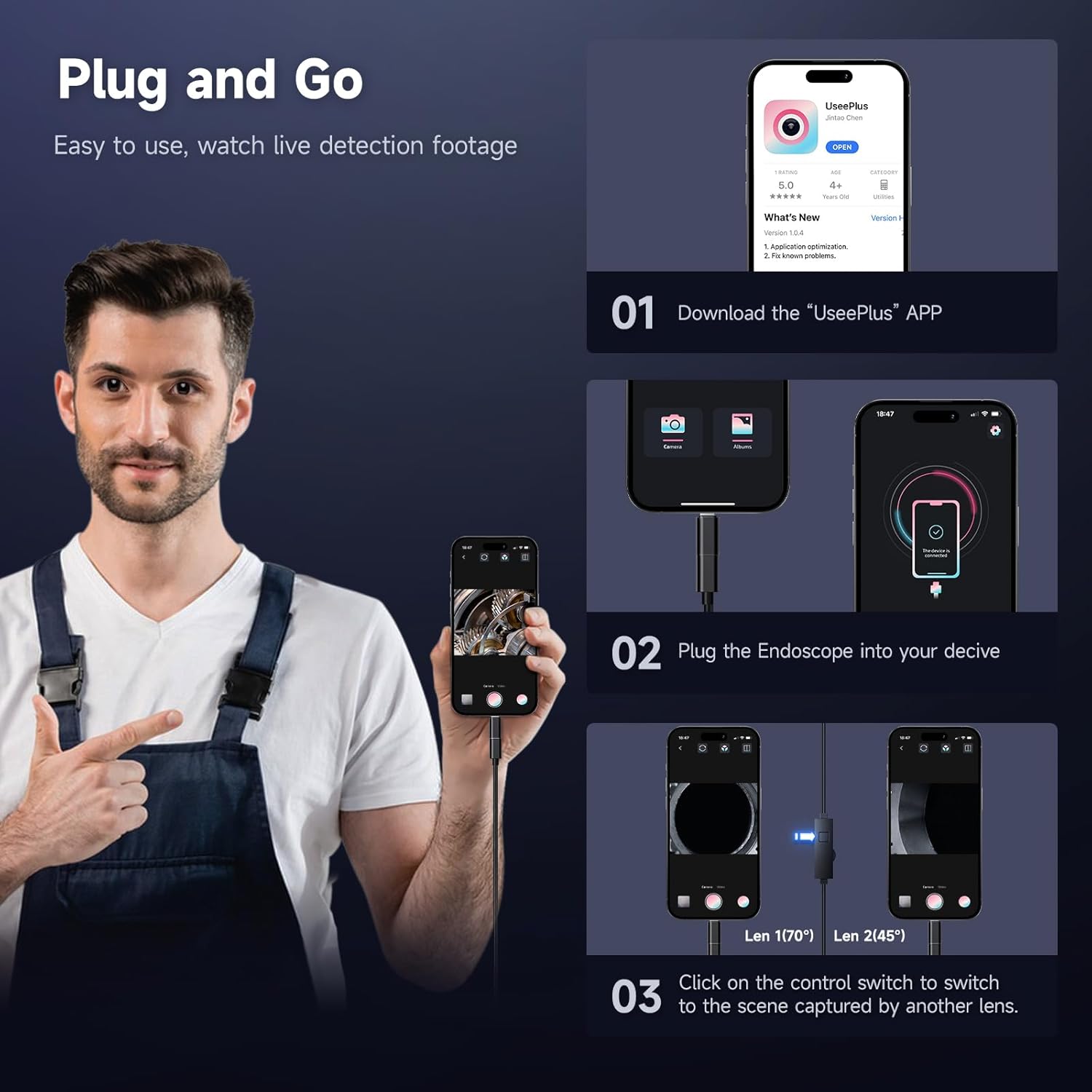 Endoscope Camera with Light, 1920P HD Borescope, IP67 Waterproof 16.5FT for iPhone iPad Android K19485