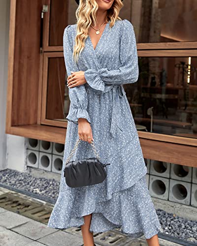 BTFBM Women Long Sleeve Wrap Maxi Dress V Neck Floral Z193