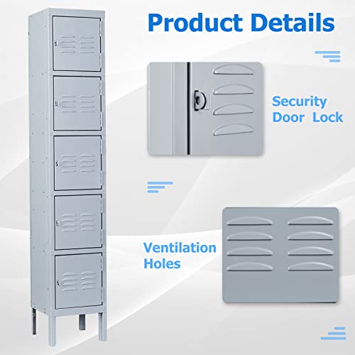Letaya Metal Lockers 5 Doors 66" Tall Steel Storage Cabinet Gray G40479