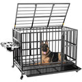 LOVMOR 48" Heavy Duty Dog Crate with Wheels/Unique Air Lift Rod / 360° & Adjustable 2 Bowls/Removable Dog Cage Tray Extra Large XL XXL Dog Crate