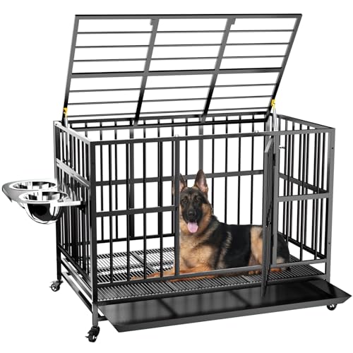 LOVMOR 48" Heavy Duty Dog Crate with Wheels/Unique Air Lift Rod / 360° & Adjustable 2 Bowls/Removable Dog Cage Tray Extra Large XL XXL Dog Crate