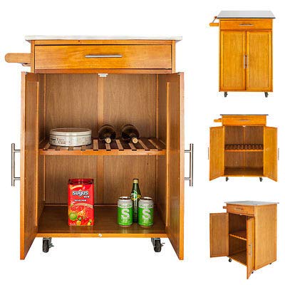 Portable Drop Leaf Kitchen Storage Rolling Trolley Cart Island Folding Trolley Table with Stainless Steel Table Top Three Drawers & Three Baskets Burlywood