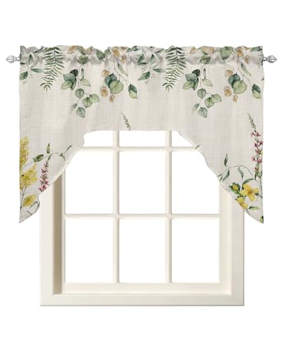 3 Pieces Tier with Swag Window Curtains Set, Spring Floral Cafe Curtains 36" Valance with Tiers, 27.5W x 36L Weeping Eucalyptus Leaves Botanical Summer Flowers Burlap Light Filtering