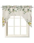 3 Pieces Tier with Swag Window Curtains Set, Spring Floral Cafe Curtains 36" Valance with Tiers, 27.5W x 36L Weeping Eucalyptus Leaves Botanical Summer Flowers Burlap Light Filtering