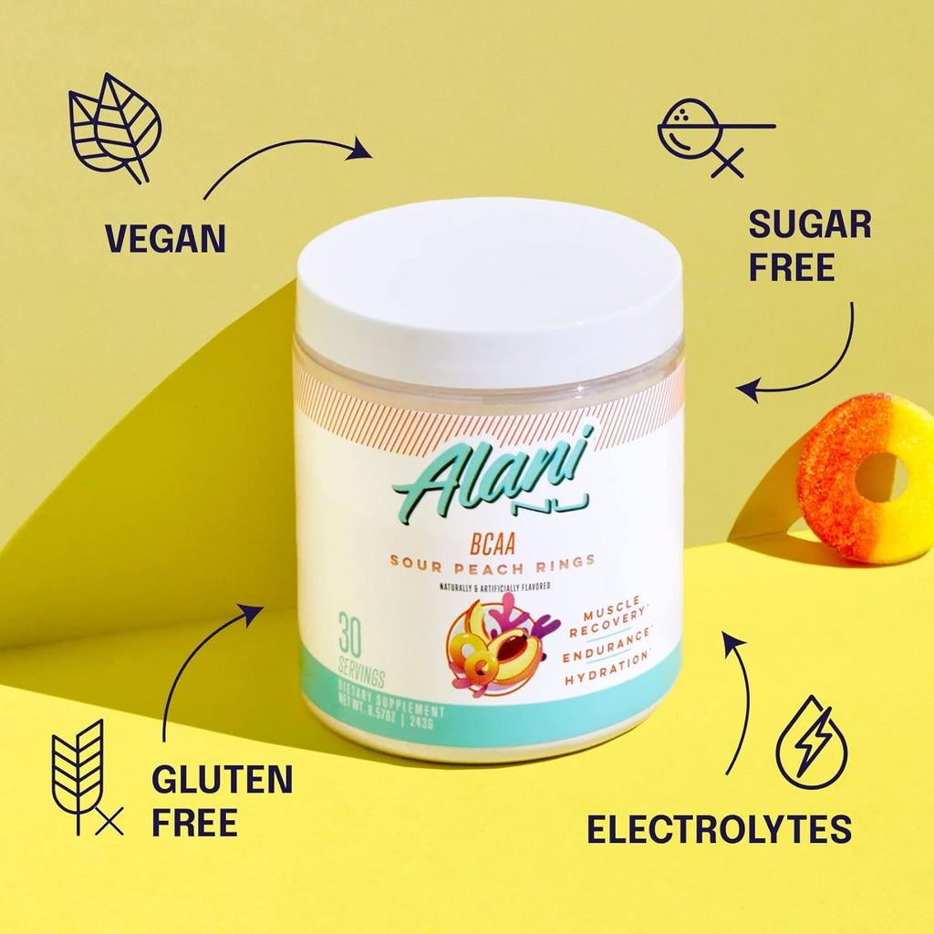 Alani Nu Blue Slush Pre Workout and Sour Peach Rings BCAA Post Workout Powder Bundle, 30 Servings F8779