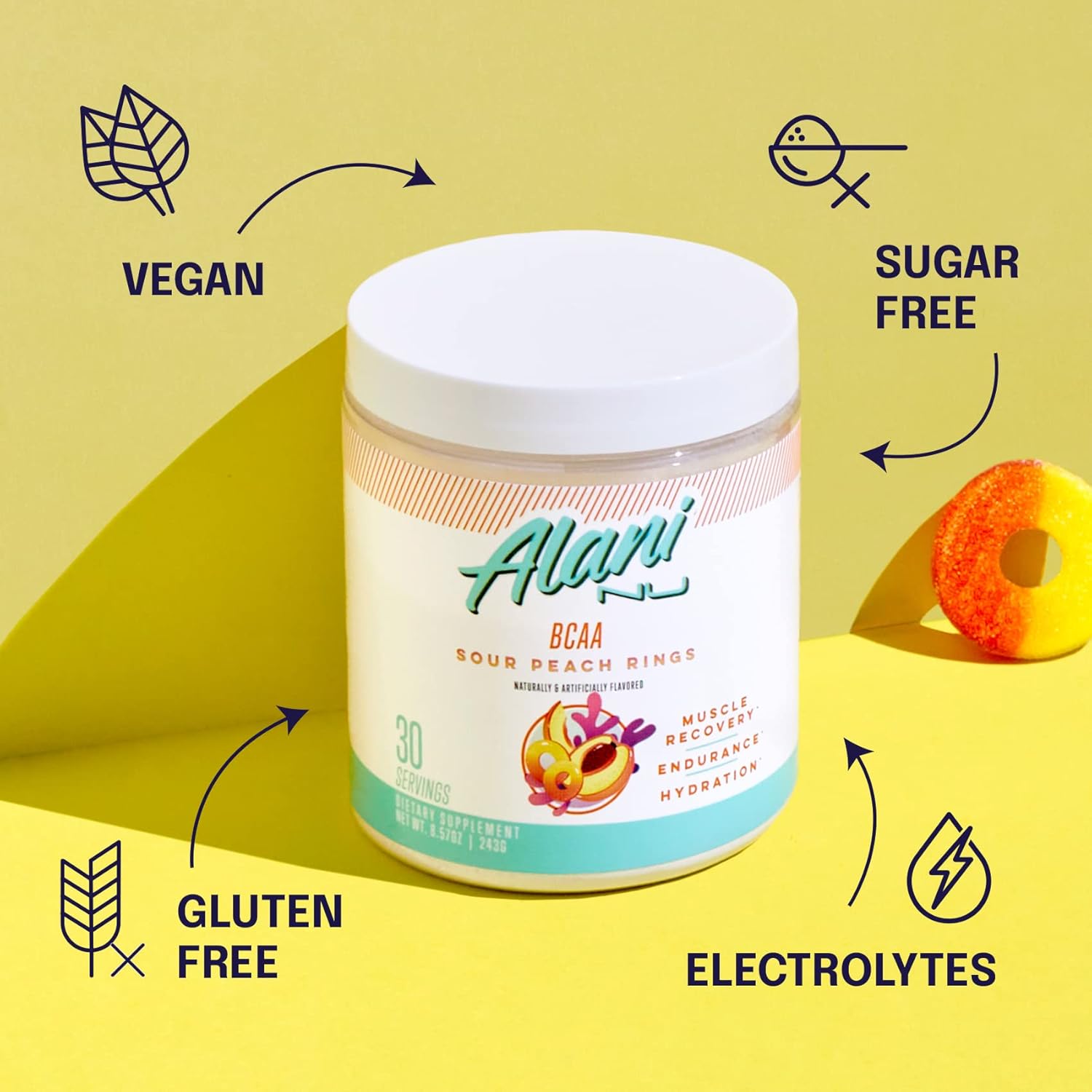 Alani Nu Blue Slush Pre Workout and Sour Peach Rings BCAA Post Workout Powder Bundle, 30 Servings F8779