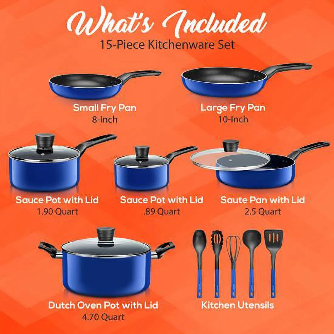 SereneLife 15 Piece Non Stick Cookware Set, Blue I652588