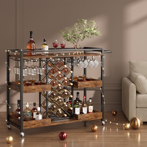 3 Tier Rolling Bar Cart with Wine Rack and Glass Holder, Brown M334896