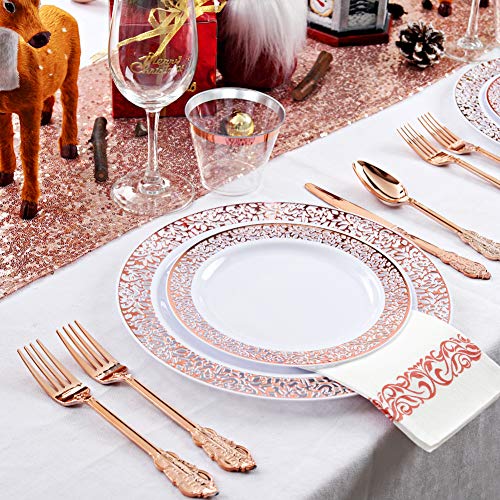 bUCLA 300PCS Gold Disposable Dinnerware Set - White and Gold Plastic Plates for Party S185
