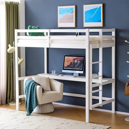 VINGLI Twin Loft Bed with L-Shaped Desk, 3 Storage Drawers, Solid Wood, White W24917
