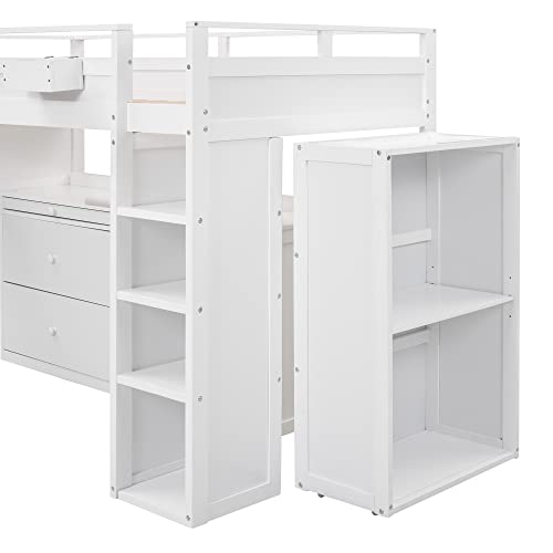 BIADNBZ Double Twin Loft Bed with Wardrobes and Storage Stair, Wooden Frame, White S4663
