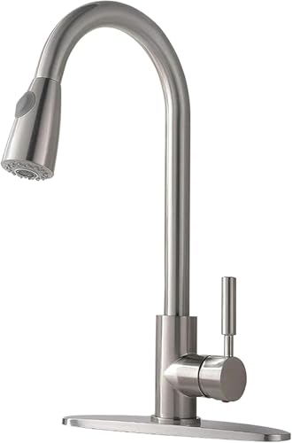 Comllen Single Handle Brushed Nickel Kitchen Faucet, High Arc Stainless Steel Kitchen Sink Faucet with Pull Down Sprayer, Modern Pull Out Faucet for Kitchen Sink with Deck Plate
