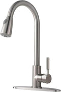 Comllen Single Handle Brushed Nickel Kitchen Faucet, High Arc Stainless Steel Kitchen Sink Faucet with Pull Down Sprayer, Modern Pull Out Faucet for Kitchen Sink with Deck Plate