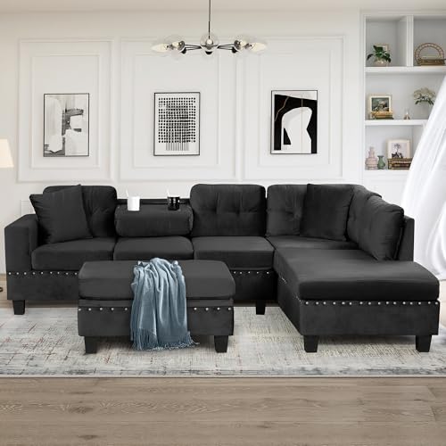 Merax Modern Sectional Sofa with Storage Ottoman, Black P61461