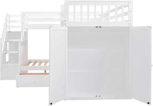 MERITLINE Twin Over Full Triple Bunk Bed with Storage Stairs, Solid Wood, Grey R998