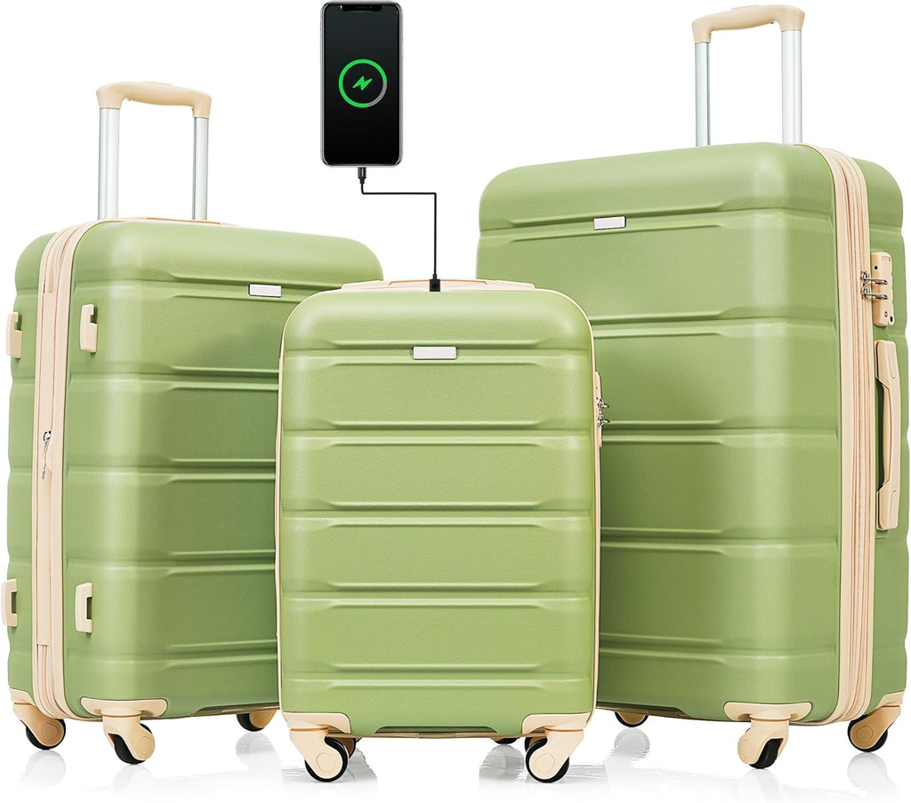 Merax Luggage Set of 3, Travel Suitcase with USB Port, Airline Certified Carry-on Luggage with Cup Holder, ABS Hard Shell Luggage with Spinner Wheels, Light Green