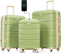 Merax Luggage Set of 3, Travel Suitcase with USB Port, Airline Certified Carry-on Luggage with Cup Holder, ABS Hard Shell Luggage with Spinner Wheels, Light Green