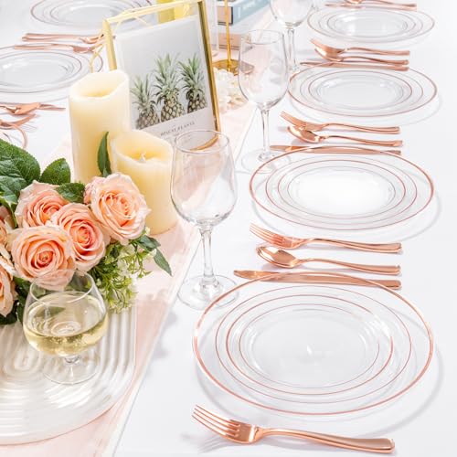 bUCLA 300PCS Gold Disposable Dinnerware Set - White and Gold Plastic Plates for Party S185