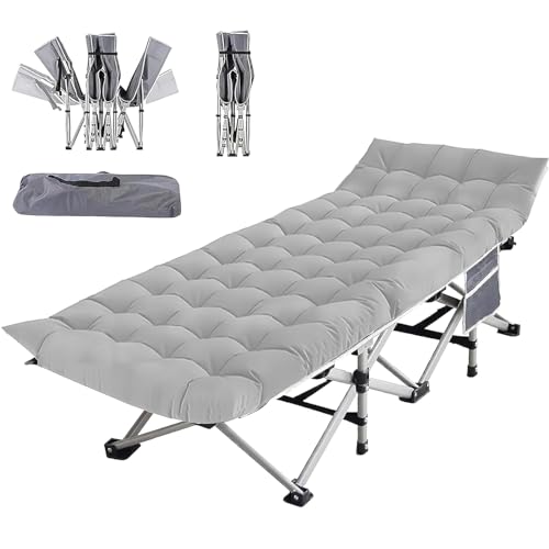 Folding Camping Cot for Adults, Heavy Duty Sleeping Cots with Carry Bag, Double Layer Oxford Portable Travel Camp Cots for Outdoor Camp Beach Home Office (Silver Frame with Gray Pad, 1PACK)