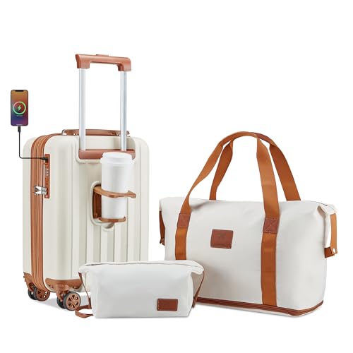 imiomo Luggage Sets 4 Piece Expandable Luggage Set, Hardside Carry on Suitcase with USB Port Cup Holder, Travel Luggage Suitcase with Spinner Wheels TSA Lock, Black Brown