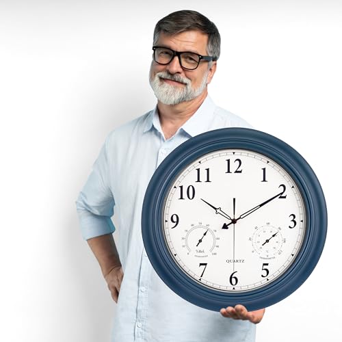 Outdoor Clock Waterproof 18 in with Thermometer Hygrometer Silent Vintage Wall Clock Navy Blue Y83330