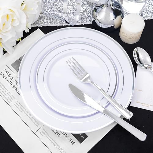 bUCLA 300PCS Gold Disposable Dinnerware Set - White and Gold Plastic Plates for Party S185
